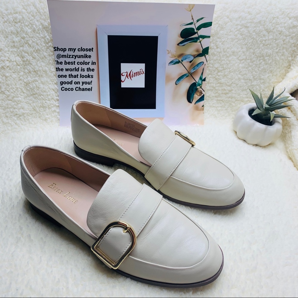 Essex Lane Ivory Leather Loafers with Gold Buckle